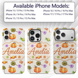 Cute Watercolor Pumpkins and Candy Sweets on Teal Custom Name Protective Phone Case Mobile Cover Durable Everyday Smartphone Shock Resistant