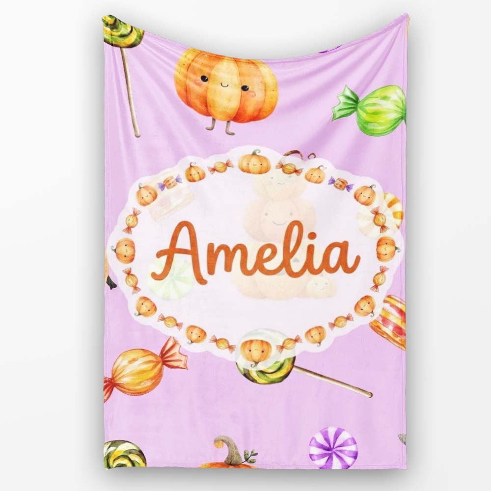 Cute Watercolor Pumpkins and Candy Sweets on Sage Green Background  Personalised Custom Name Super Soft Fleece Blanket Bed Sofa Throw