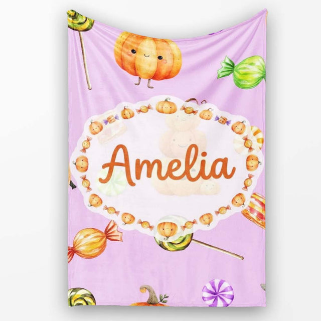 Cute Watercolor Pumpkins and Candy Sweets on Sage Green Background  Personalised Custom Name Super Soft Fleece Blanket Bed Sofa Throw
