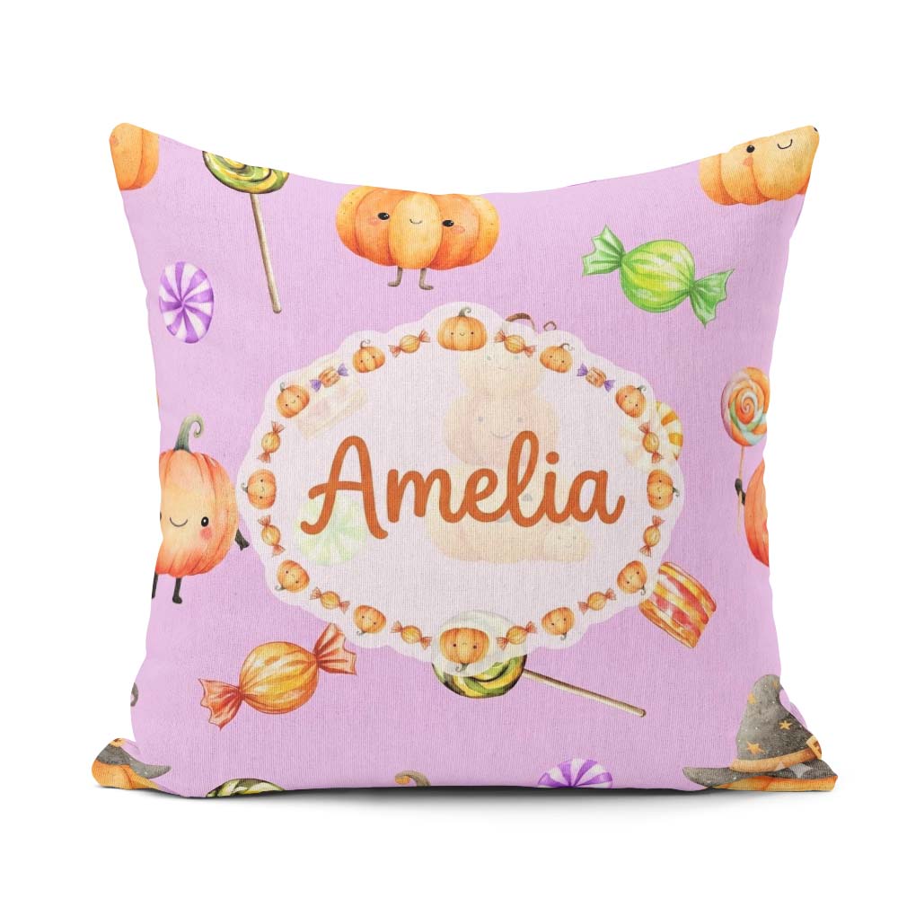Custom Name Watercolor and Candy Sweets on Sage Green Background Square Filled Cushion Throw Pillow Sofa Bed Home Decor Zip Washable UK Made