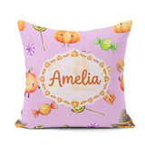 Custom Name Watercolor and Candy Sweets on Sage Green Background Square Filled Cushion Throw Pillow Sofa Bed Home Decor Zip Washable UK Made