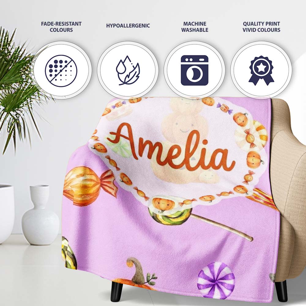 Cute Watercolor Pumpkins and Candy Sweets on Sage Green Background  Personalised Custom Name Super Soft Fleece Blanket Bed Sofa Throw