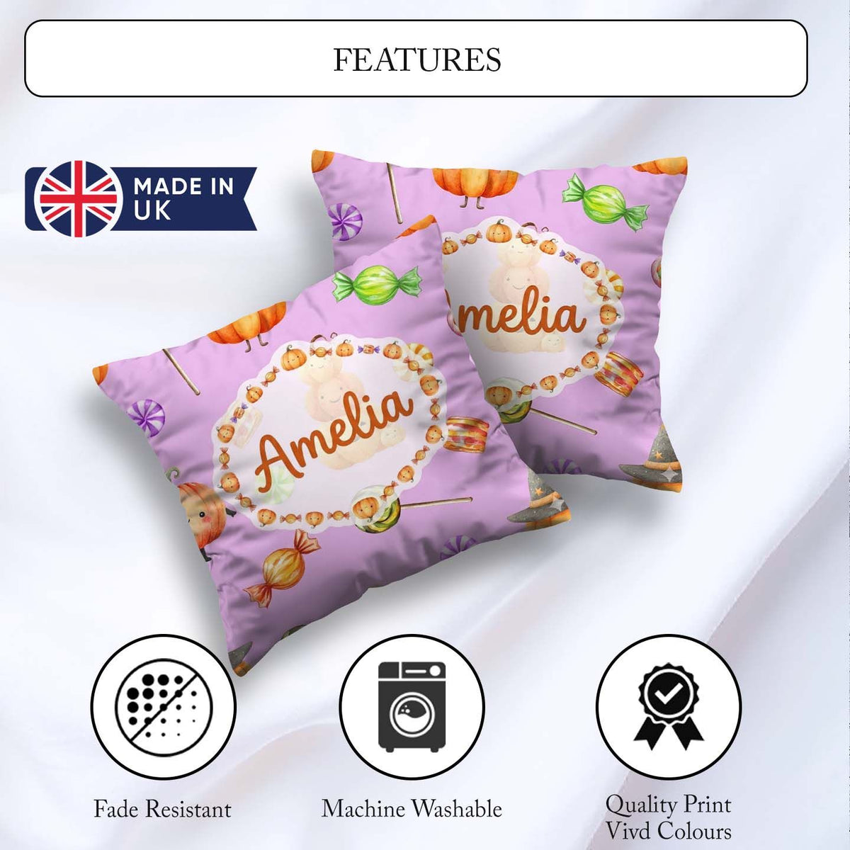 Custom Name Watercolor and Candy Sweets on Sage Green Background Square Filled Cushion Throw Pillow Sofa Bed Home Decor Zip Washable UK Made