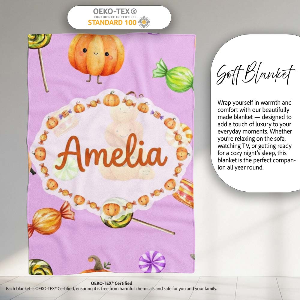 Cute Watercolor Pumpkins and Candy Sweets on Sage Green Background  Personalised Custom Name Super Soft Fleece Blanket Bed Sofa Throw