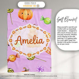 Cute Watercolor Pumpkins and Candy Sweets on Sage Green Background  Personalised Custom Name Super Soft Fleece Blanket Bed Sofa Throw