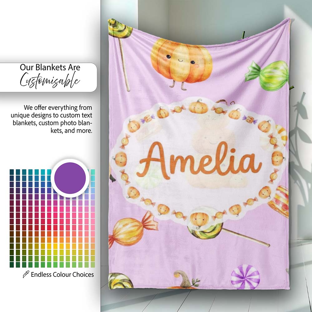 Cute Watercolor Pumpkins and Candy Sweets on Sage Green Background  Personalised Custom Name Super Soft Fleece Blanket Bed Sofa Throw