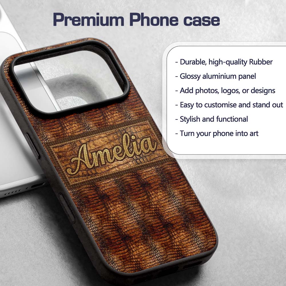 Glossy Tan Crocodile Texture Decorative Design Custom Name Protective Phone Case Mobile Cover Durable Everyday Smartphone Shock Resistant