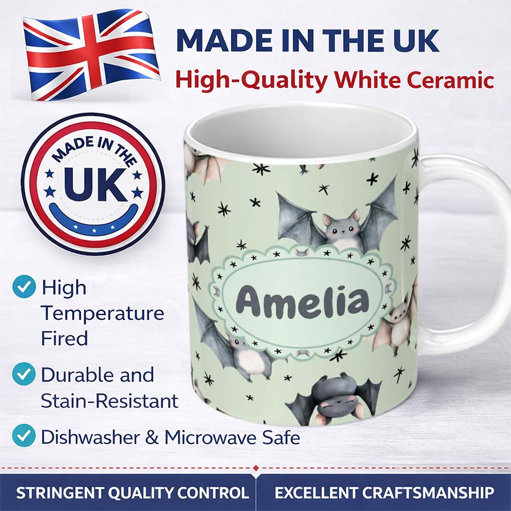 Personalized Custom Name Cute Baby Bats Flying with Stars Soft Sage Green Background 11oz Ceramic Coffee Tea Mug White Large Handle