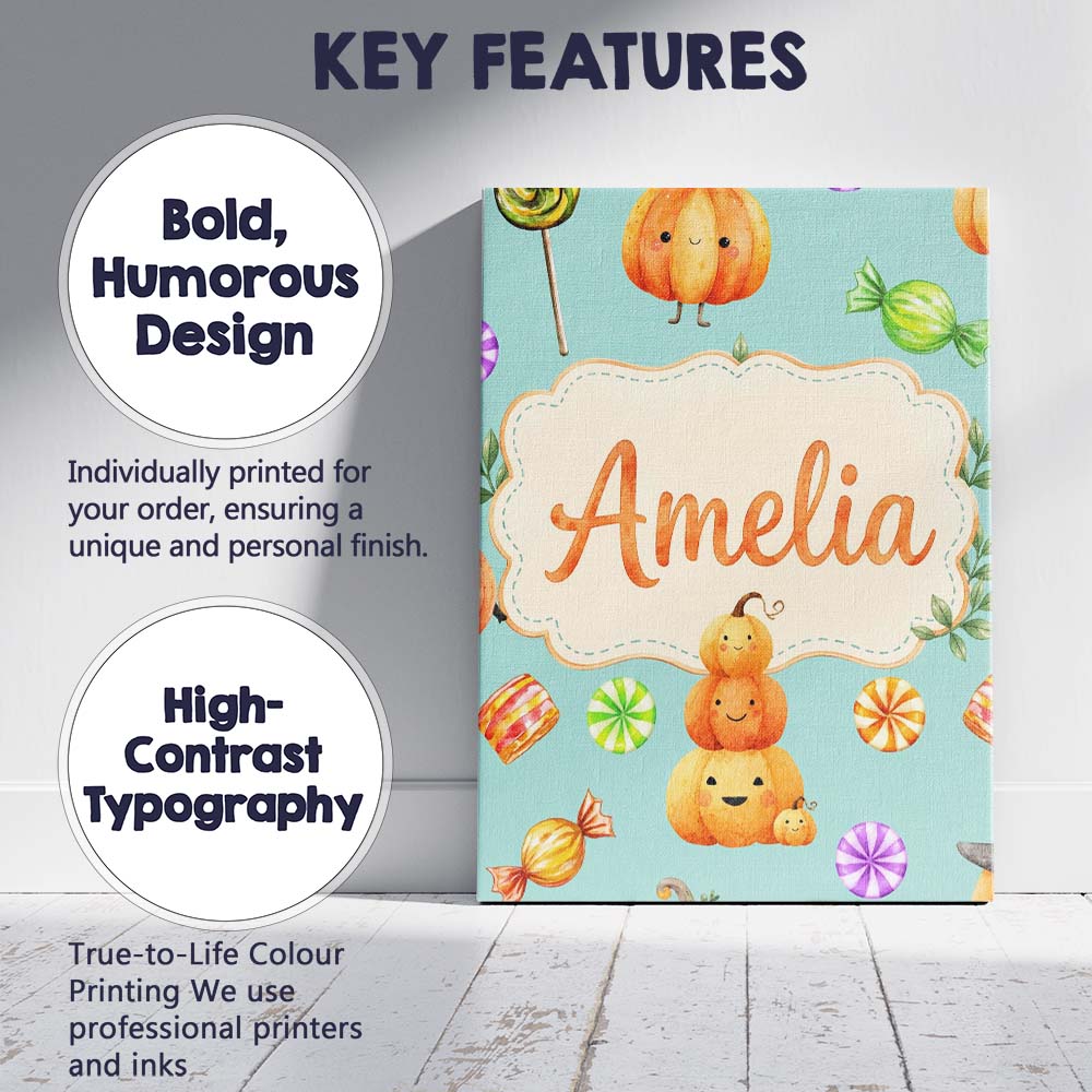 Personalised Name Cute Watercolor Pumpkins Custom  Unique Gift Idea Elegant Feature Canvas Wall Art Print Decor Picture Ready to Hang