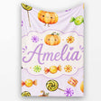 Cute Watercolor Pumpkins and Candy Sweets on Warm Beige Background  Personalised Custom Name Super Soft Fleece Blanket Bed Sofa Throw