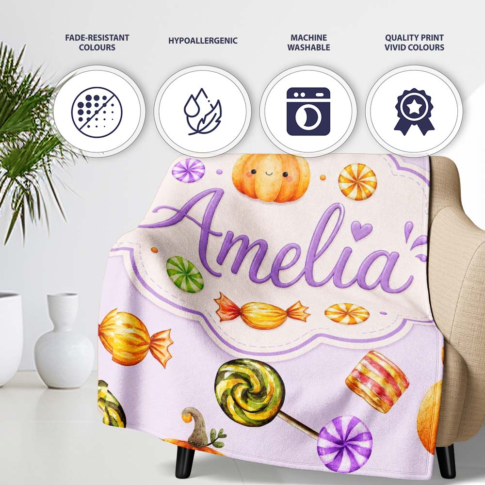 Cute Watercolor Pumpkins and Candy Sweets on Warm Beige Background  Personalised Custom Name Super Soft Fleece Blanket Bed Sofa Throw