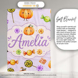 Cute Watercolor Pumpkins and Candy Sweets on Warm Beige Background  Personalised Custom Name Super Soft Fleece Blanket Bed Sofa Throw