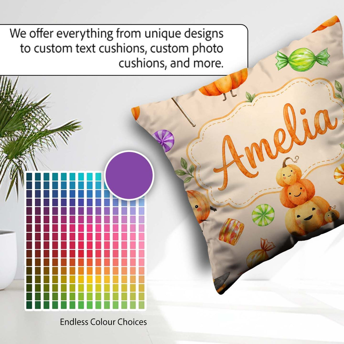 Custom Name Watercolor and Candy Sweets on Soft Lilac Background Square Filled Cushion Throw Pillow Sofa Bed Home Decor Zip Washable UK Made