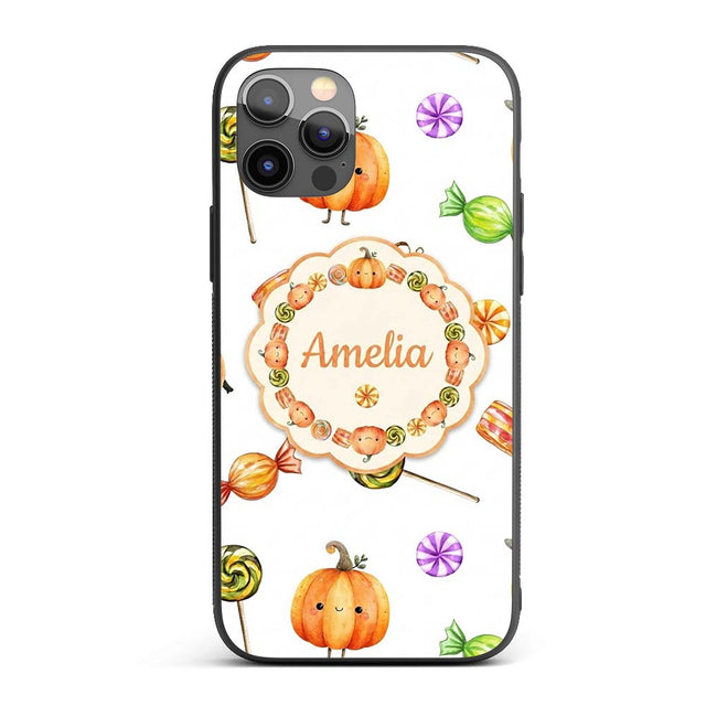 Cute Watercolor Pumpkins and Candy Sweets on Mint Custom Name Protective Phone Case Mobile Cover Durable Everyday Smartphone Shock Resistant