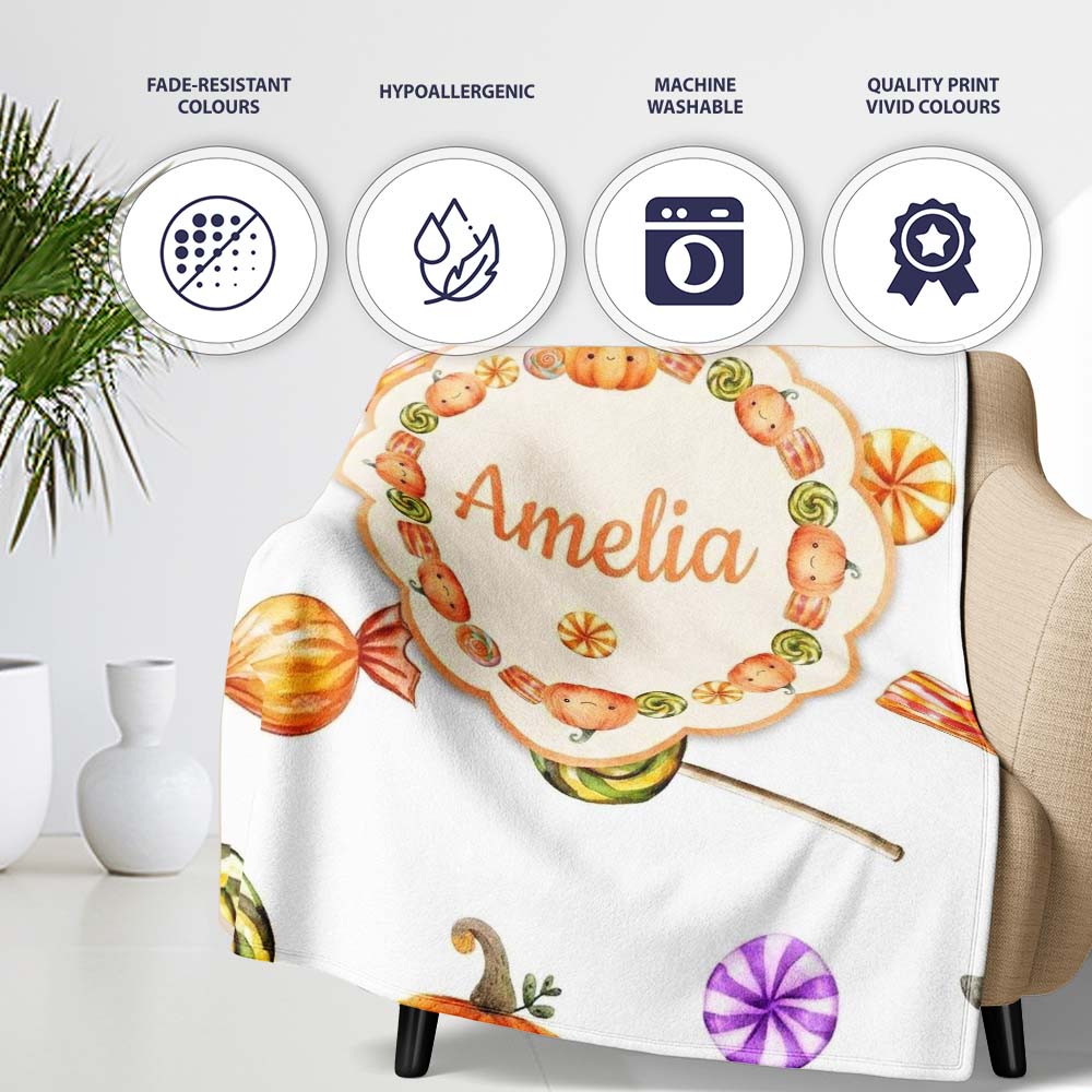 Cute Watercolor Pumpkins and Candy Sweets on Mint Green Background  Personalised Custom Name Super Soft Fleece Blanket Bed Sofa Throw