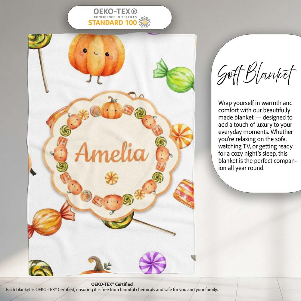 Cute Watercolor Pumpkins and Candy Sweets on Mint Green Background  Personalised Custom Name Super Soft Fleece Blanket Bed Sofa Throw
