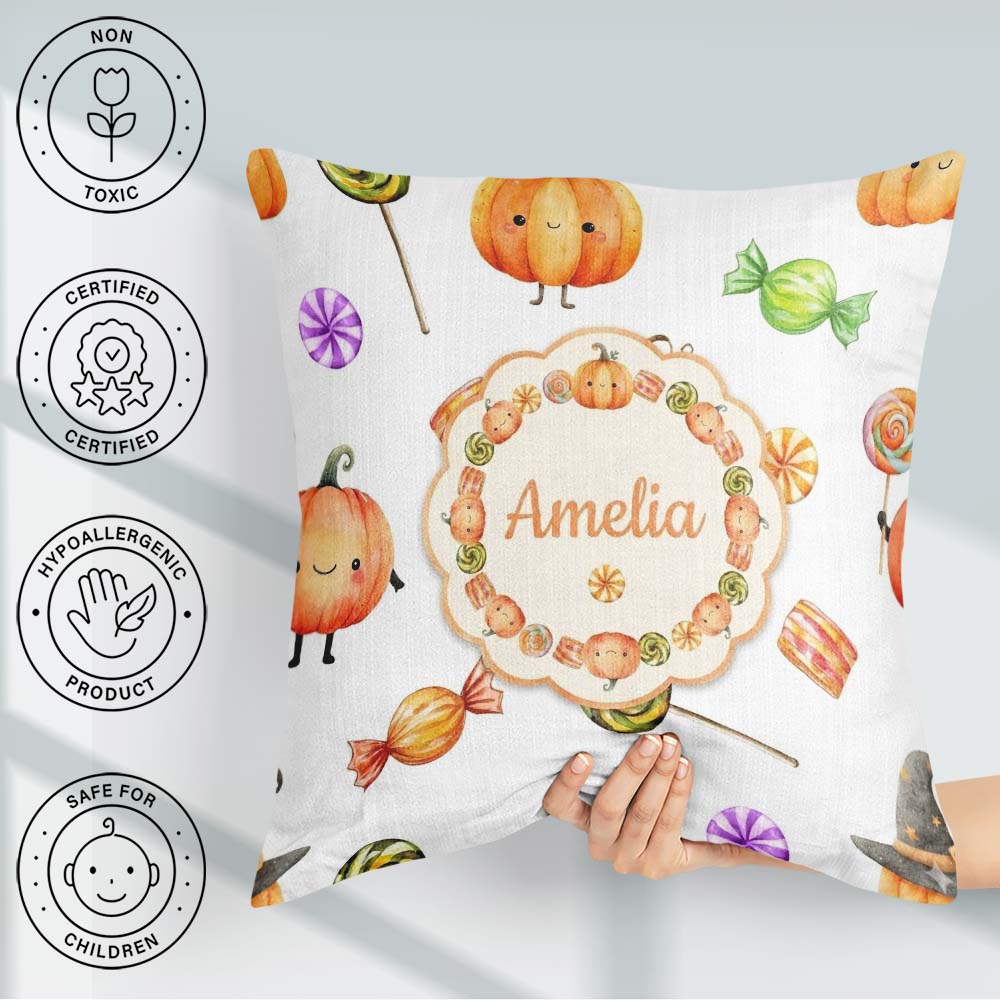 Custom Name Watercolor and Candy Sweets on Mint Green Background Square Filled Cushion Throw Pillow Sofa Bed Home Decor Zip Washable UK Made