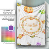 Cute Watercolor Pumpkins and Candy Sweets on Mint Green Background  Personalised Custom Name Super Soft Fleece Blanket Bed Sofa Throw
