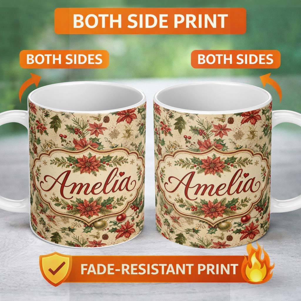 Personalized Custom Name Delicate Christmas Florals Holly Berries Pine Sprigs and Festive 11oz Ceramic Coffee Tea Mug White Large Handle
