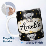 Personalized Custom Name Cute Koala Bears with Stars Black Background Seamless Pattern Lovely 11oz Ceramic Coffee Tea Mug White Large Handle