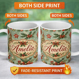 Personalized Custom Name Vintage Christmas Baubles Holly Berries Candy Cane and Snowflakes 11oz Ceramic Coffee Tea Mug White Large Handle