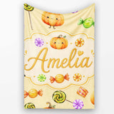 Cute Watercolor Pumpkins and Candy Sweets on Pale Yellow Background  Personalised Custom Name Super Soft Fleece Blanket Bed Sofa Throw