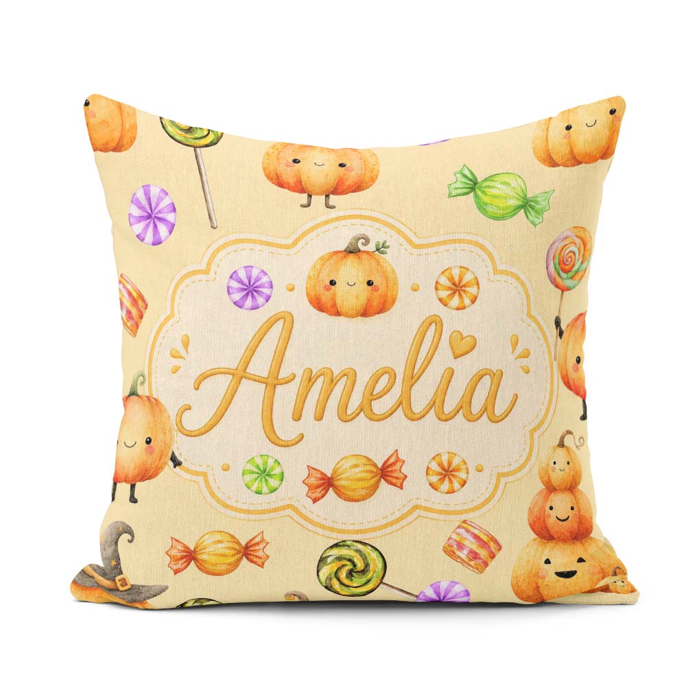 Custom Name Watercolor Pumpkins and Candy Sweets on Pale Yellow Square Filled Cushion Throw Pillow Sofa Bed Home Decor Zip Washable UK Made