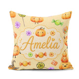 Custom Name Watercolor Pumpkins and Candy Sweets on Pale Yellow Square Filled Cushion Throw Pillow Sofa Bed Home Decor Zip Washable UK Made