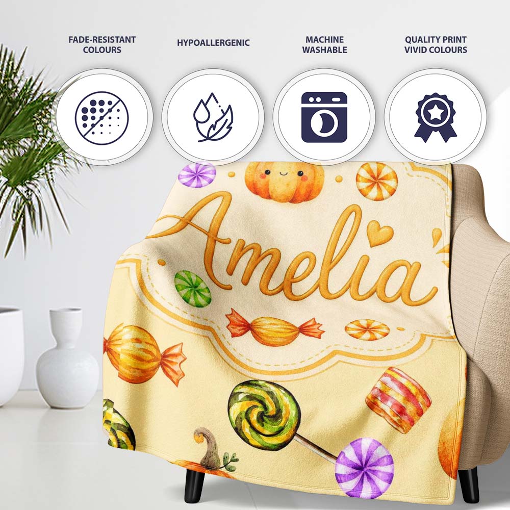 Cute Watercolor Pumpkins and Candy Sweets on Pale Yellow Background  Personalised Custom Name Super Soft Fleece Blanket Bed Sofa Throw