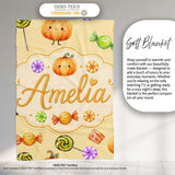 Cute Watercolor Pumpkins and Candy Sweets on Pale Yellow Background  Personalised Custom Name Super Soft Fleece Blanket Bed Sofa Throw