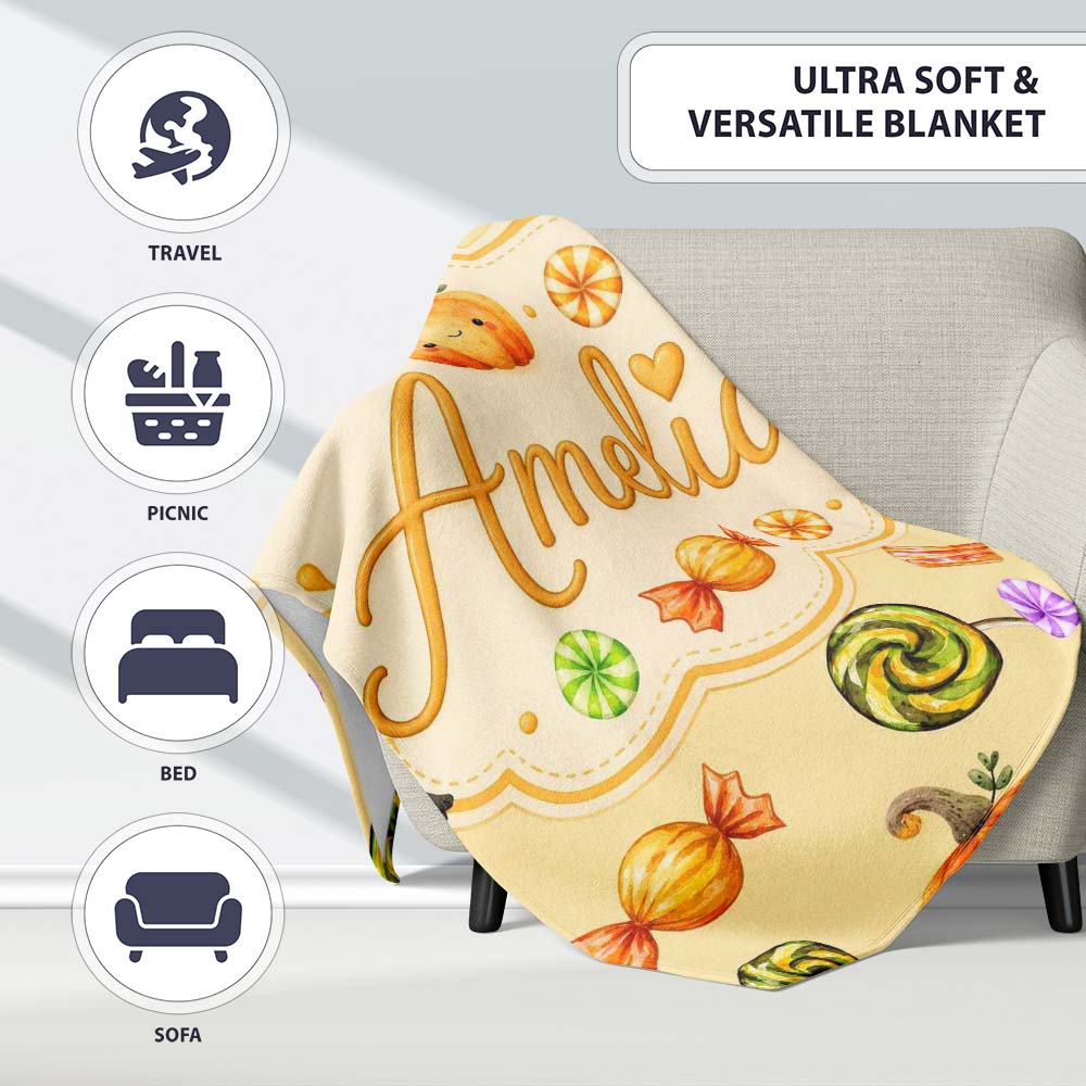 Cute Watercolor Pumpkins and Candy Sweets on Pale Yellow Background  Personalised Custom Name Super Soft Fleece Blanket Bed Sofa Throw