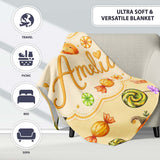 Cute Watercolor Pumpkins and Candy Sweets on Pale Yellow Background  Personalised Custom Name Super Soft Fleece Blanket Bed Sofa Throw