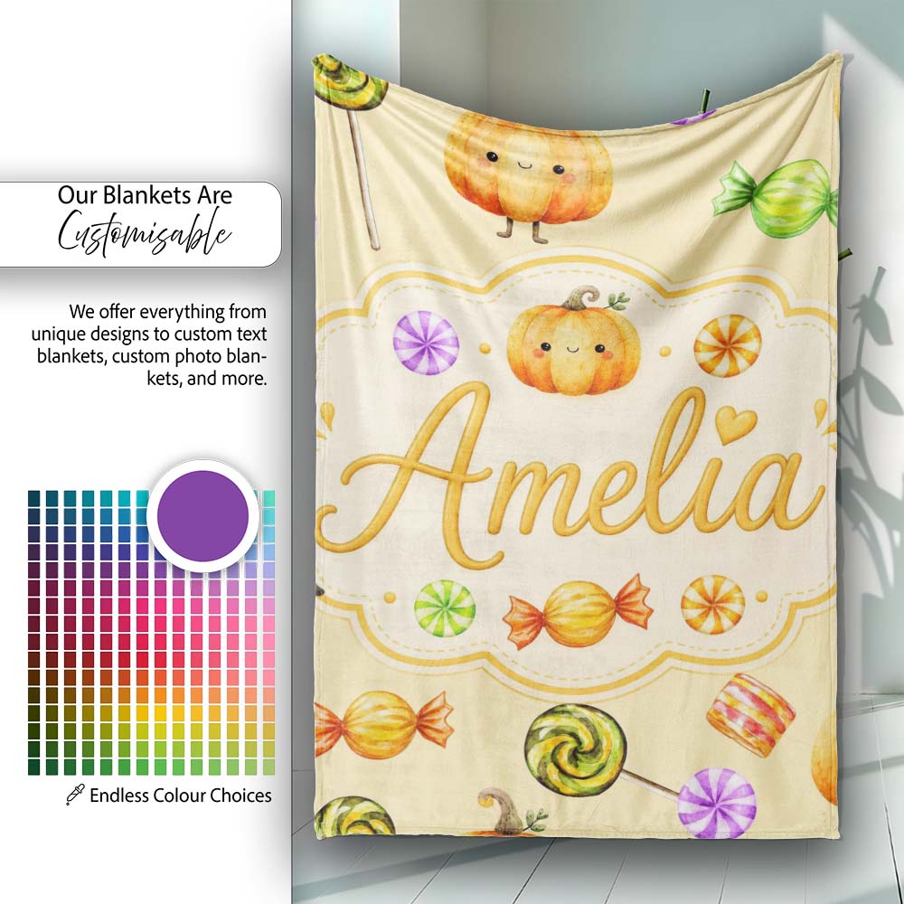 Cute Watercolor Pumpkins and Candy Sweets on Pale Yellow Background  Personalised Custom Name Super Soft Fleece Blanket Bed Sofa Throw