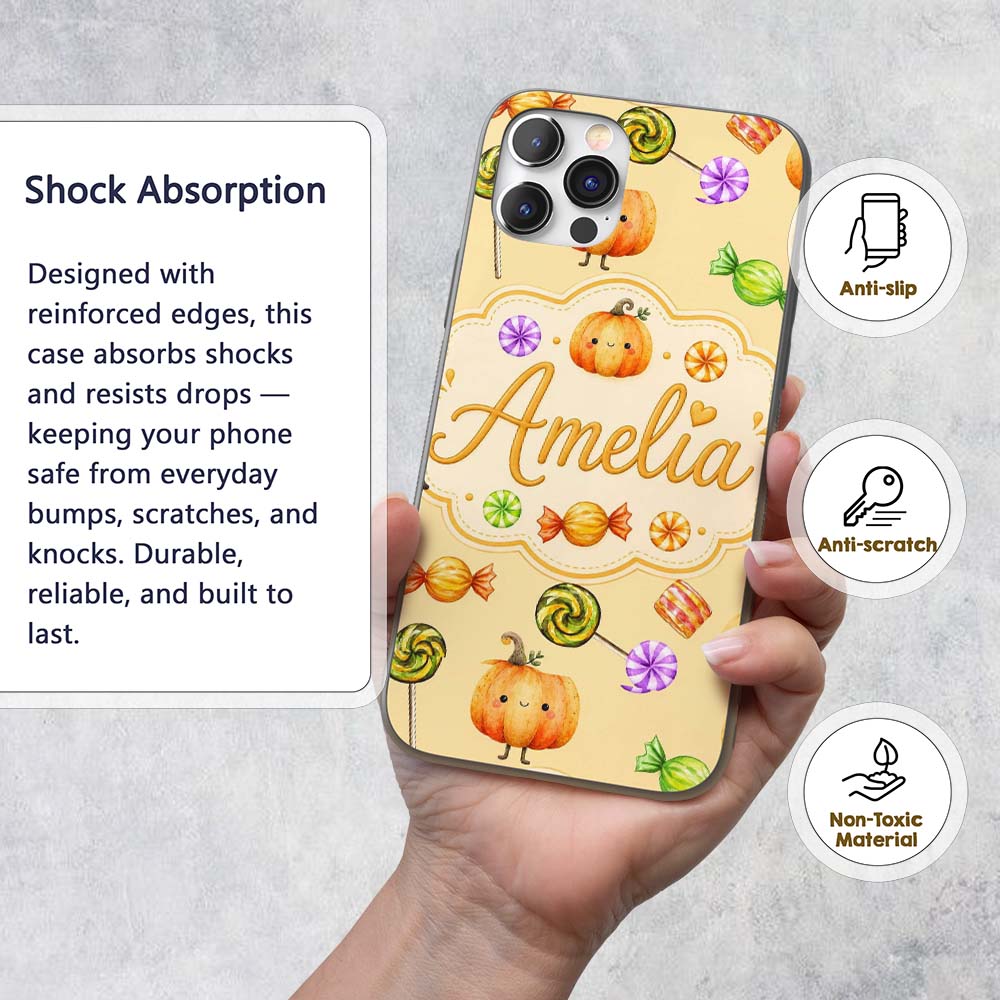 Cute Watercolor Pumpkins and Candy Sweets on Pale Custom Name Protective Phone Case Mobile Cover Durable Everyday Smartphone Shock Resistant