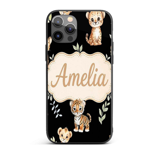 Adorable Baby Jungle Animals with Leaves on Black Custom Name Protective Phone Case Mobile Cover Durable Everyday Smartphone Shock Resistant