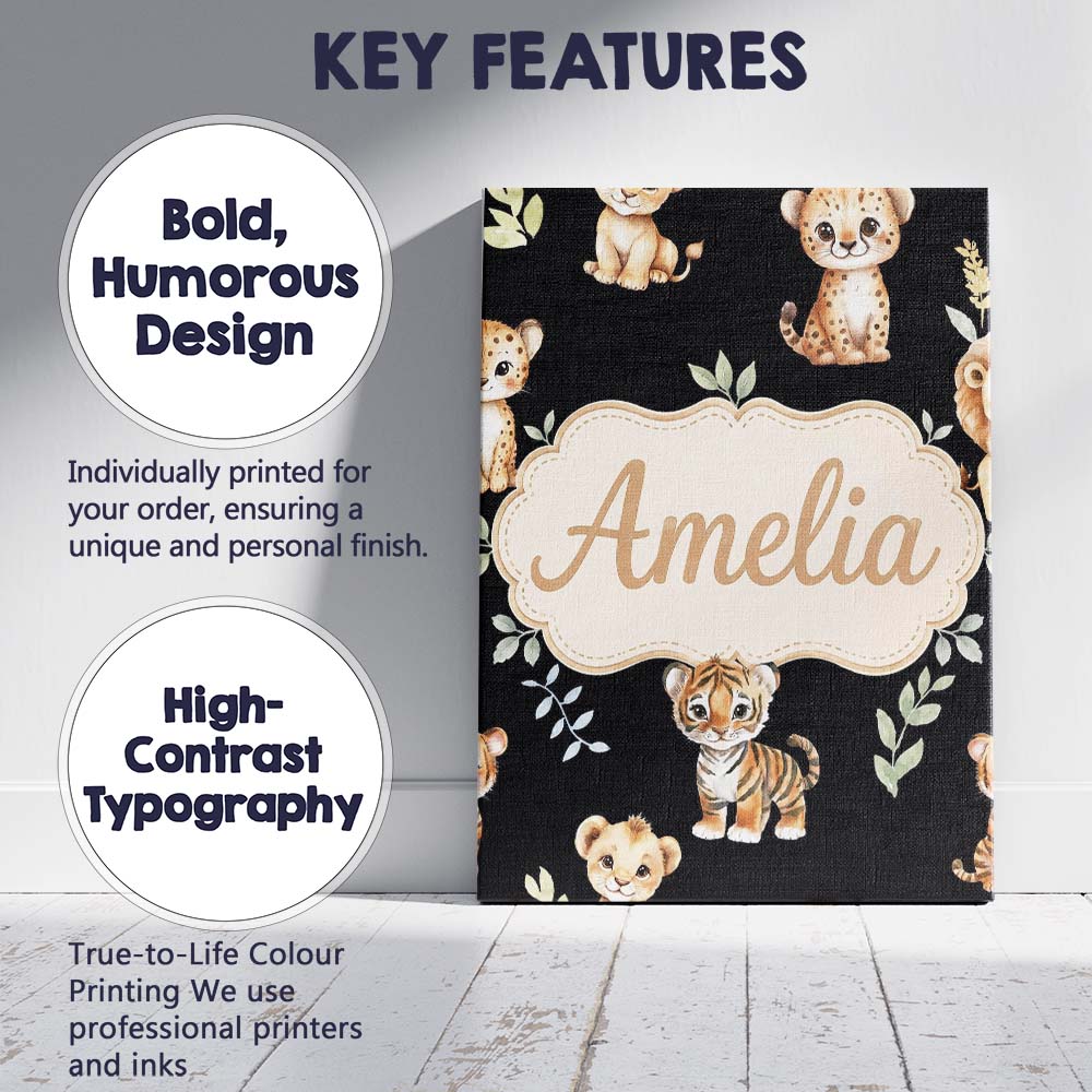 Personalised Name Adorable Baby Jungle Custom  Modern Room Accent Elegant Feature Canvas Wall Art Print Decor Picture Ready to Hang