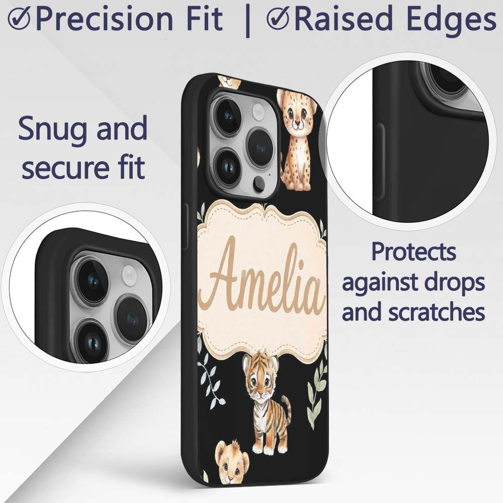 Adorable Baby Jungle Animals with Leaves on Black Custom Name Protective Phone Case Mobile Cover Durable Everyday Smartphone Shock Resistant
