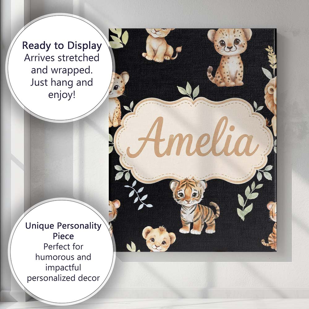 Personalised Name Adorable Baby Jungle Custom  Modern Room Accent Elegant Feature Canvas Wall Art Print Decor Picture Ready to Hang