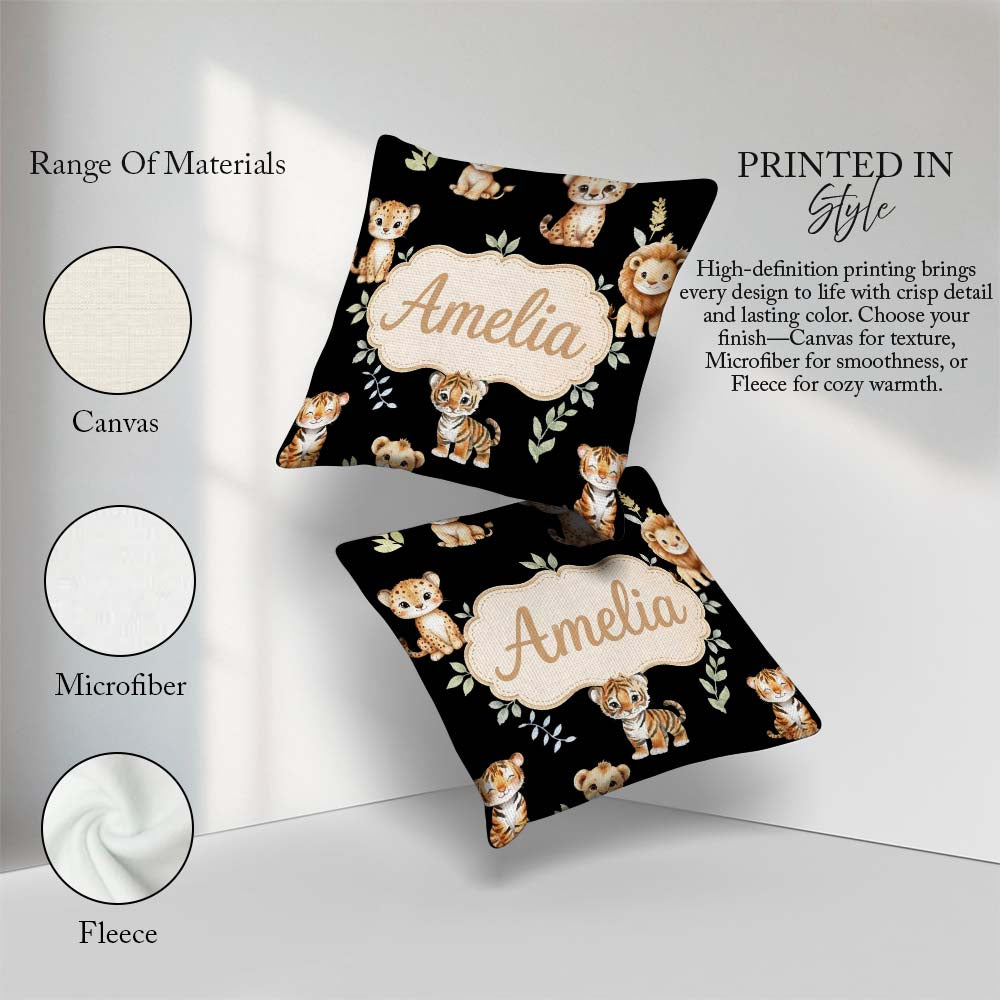 Custom Name Adorable Baby Jungle with Leaves on Black Background Square Filled Cushion Throw Pillow Sofa Bed Home Decor Zip Washable UK Made