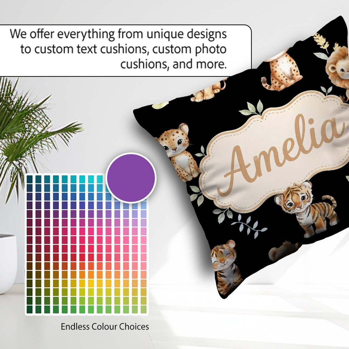 Custom Name Adorable Baby Jungle with Leaves on Black Background Square Filled Cushion Throw Pillow Sofa Bed Home Decor Zip Washable UK Made