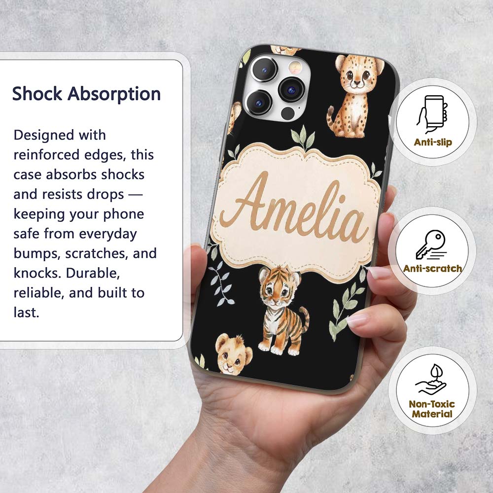 Adorable Baby Jungle Animals with Leaves on Black Custom Name Protective Phone Case Mobile Cover Durable Everyday Smartphone Shock Resistant