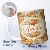 Personalized Custom Name Orange and Blue Hydrangea Vintage Floral Seamless Pattern Lovely 11oz Ceramic Coffee Tea Mug White Large Handle