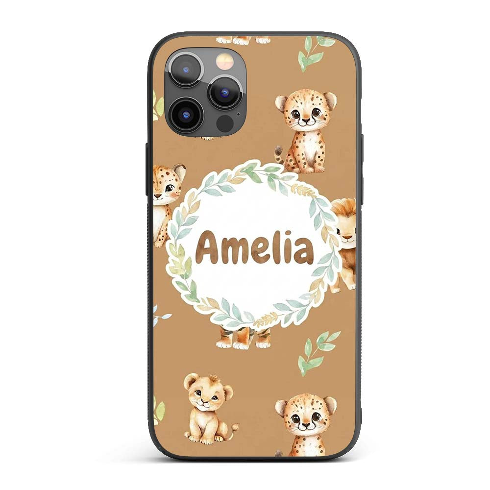 Cute Baby Jungle Animals with Leaves on Warm Tan Custom Name Protective Phone Case Mobile Cover Durable Everyday Smartphone Shock Resistant