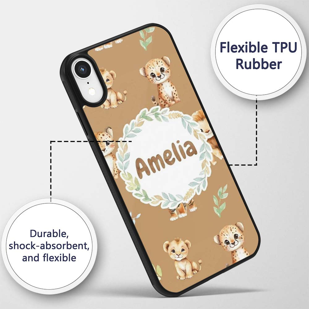 Cute Baby Jungle Animals with Leaves on Warm Tan Custom Name Protective Phone Case Mobile Cover Durable Everyday Smartphone Shock Resistant