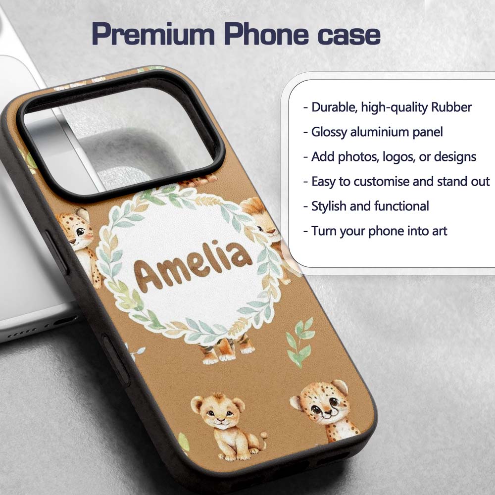 Cute Baby Jungle Animals with Leaves on Warm Tan Custom Name Protective Phone Case Mobile Cover Durable Everyday Smartphone Shock Resistant