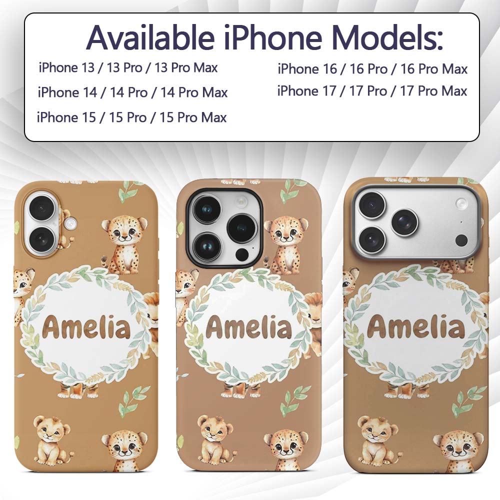 Cute Baby Jungle Animals with Leaves on Warm Tan Custom Name Protective Phone Case Mobile Cover Durable Everyday Smartphone Shock Resistant