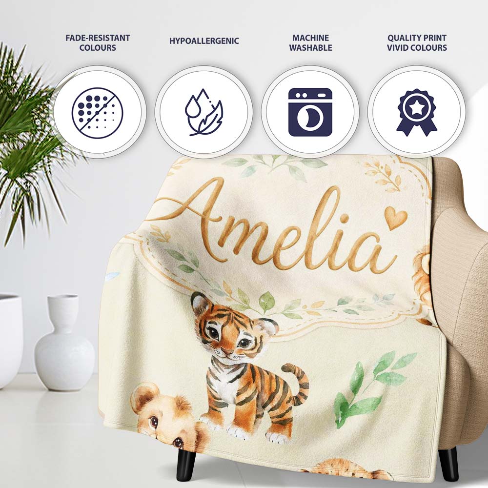 Cute Baby Jungle Animals with Leaves on Light Olive Background  Personalised Custom Name Super Soft Fleece Blanket Bed Sofa Throw