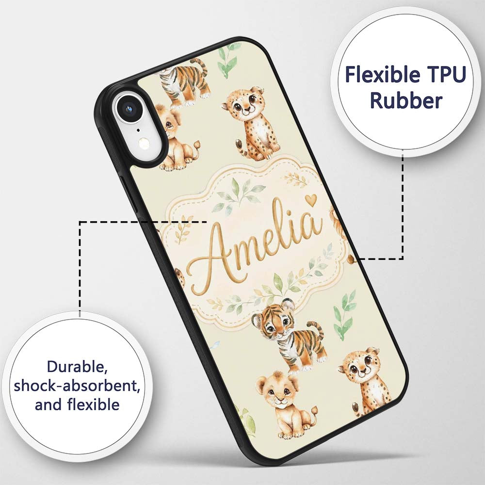 Cute Baby Jungle Animals with Leaves on Light Custom Name Protective Phone Case Mobile Cover Durable Everyday Smartphone Shock Resistant