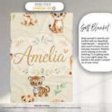 Cute Baby Jungle Animals with Leaves on Light Olive Background  Personalised Custom Name Super Soft Fleece Blanket Bed Sofa Throw