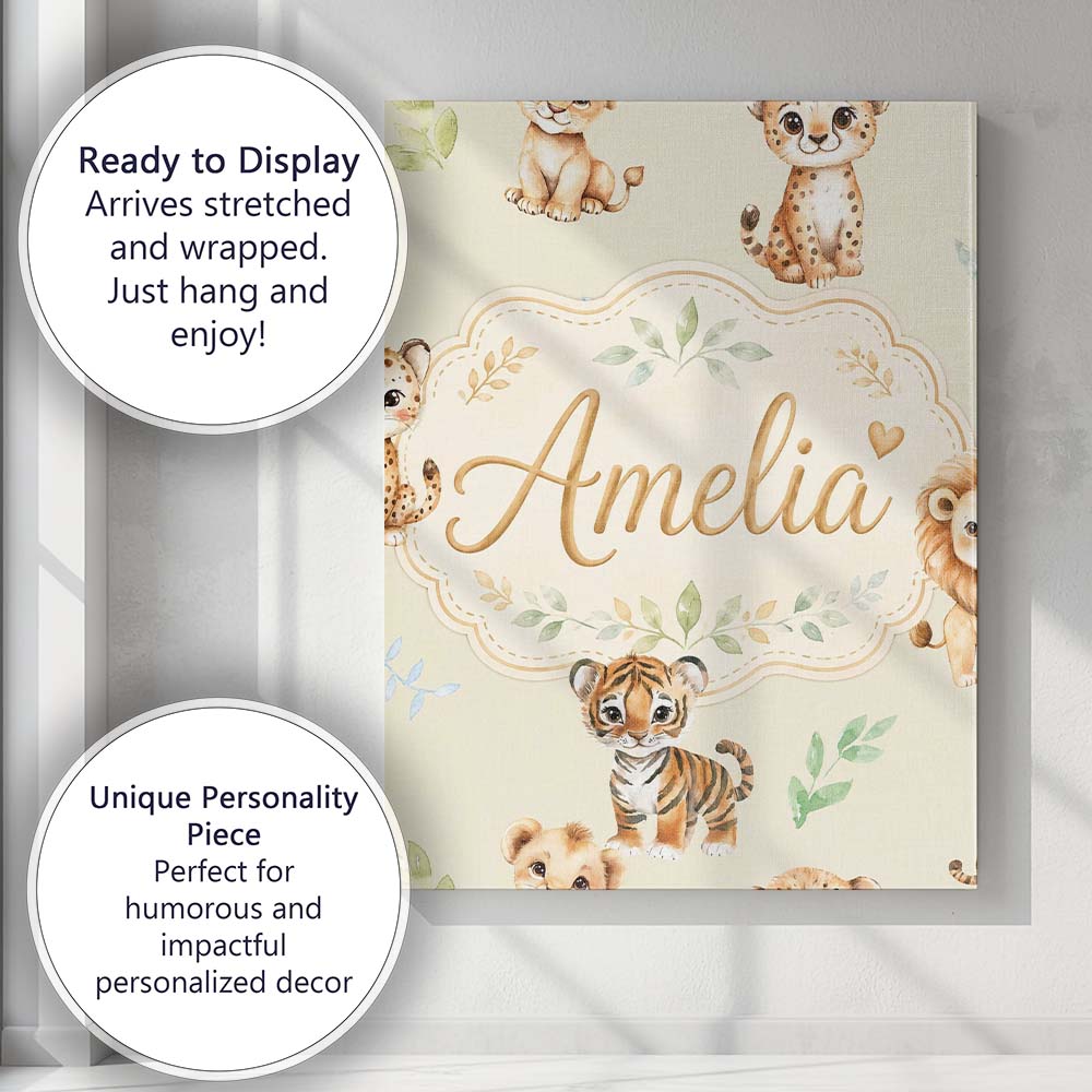Personalised Name Cute Baby Jungle Animals Custom  Unique Gift Idea Elegant Feature Canvas Wall Art Print Decor Picture Ready to Hang
